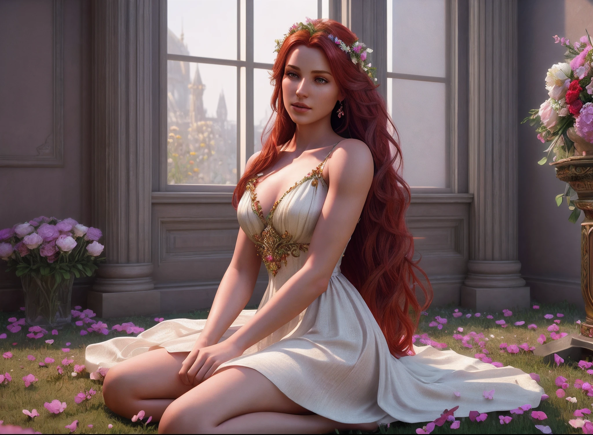 arafed woman in a dress sitting on a bed of flowers, realistic fantasy render, beautiful goddess, red haired goddess, 8 k sensual lighting, beautiful maiden, cinematic goddess body shot, beautiful fantasy maiden, unreal engine render + a goddess, deviantart artstation cgscosiety, portrait of a beautiful goddess, hyperrealistic fantasy art, stuning fantasy 3 d render