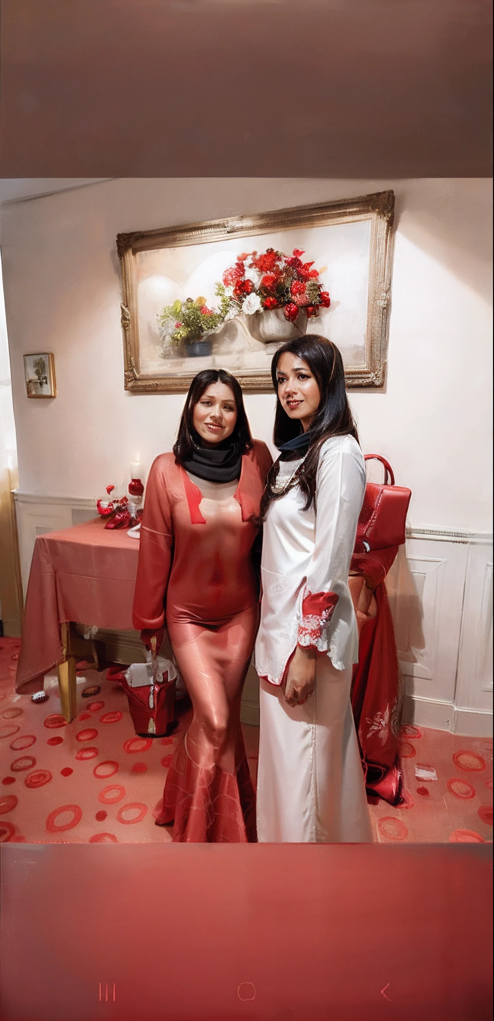 two women in red dresses standing next to each other in a room, with godray, wearing red attire, old picture, lady, inspired by Nazmi Ziya Guran, scandy and arender, with her long, with ivy, wpol and sarasti, her friend, with, inspired by Mym Tuma, very clear picture, colourful