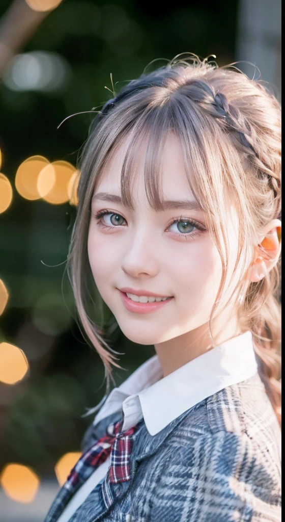 (ultra-detailliert), Tartan check jacket,high-school uniform、Blue eyes,The upper part of the body、a closeup、faces、(A smile:1.5),(facing front:1.2), 20yr old, teens girl,no tail,(no tail),2D, ​masterpiece, top-quality, animesque, A detailed eye, A detailed face, girl with, Only 1 person,Silver medium hair, (Silvery head hair),  Ear Hair, small tits, Single braid, (Single braid), (Side braid), Pink ribbon, Ribbon around the neck, Background bokeh