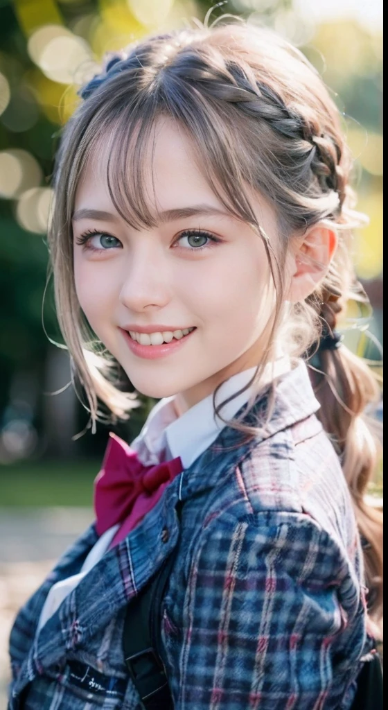 (ultra-detailliert), Tartan check jacket,high-school uniform、Blue eyes,The upper part of the body、a closeup、faces、(A smile:1.5),(facing front:1.2), 20yr old, teens girl,no tail,(no tail),2D, ​masterpiece, top-quality, animesque, A detailed eye, A detailed face, girl with, Only 1 person,Silver medium hair, (Silvery head hair),  Ear Hair, small tits, Single braid, (Single braid), (Side braid), Pink ribbon, Ribbon around the neck, Background bokeh