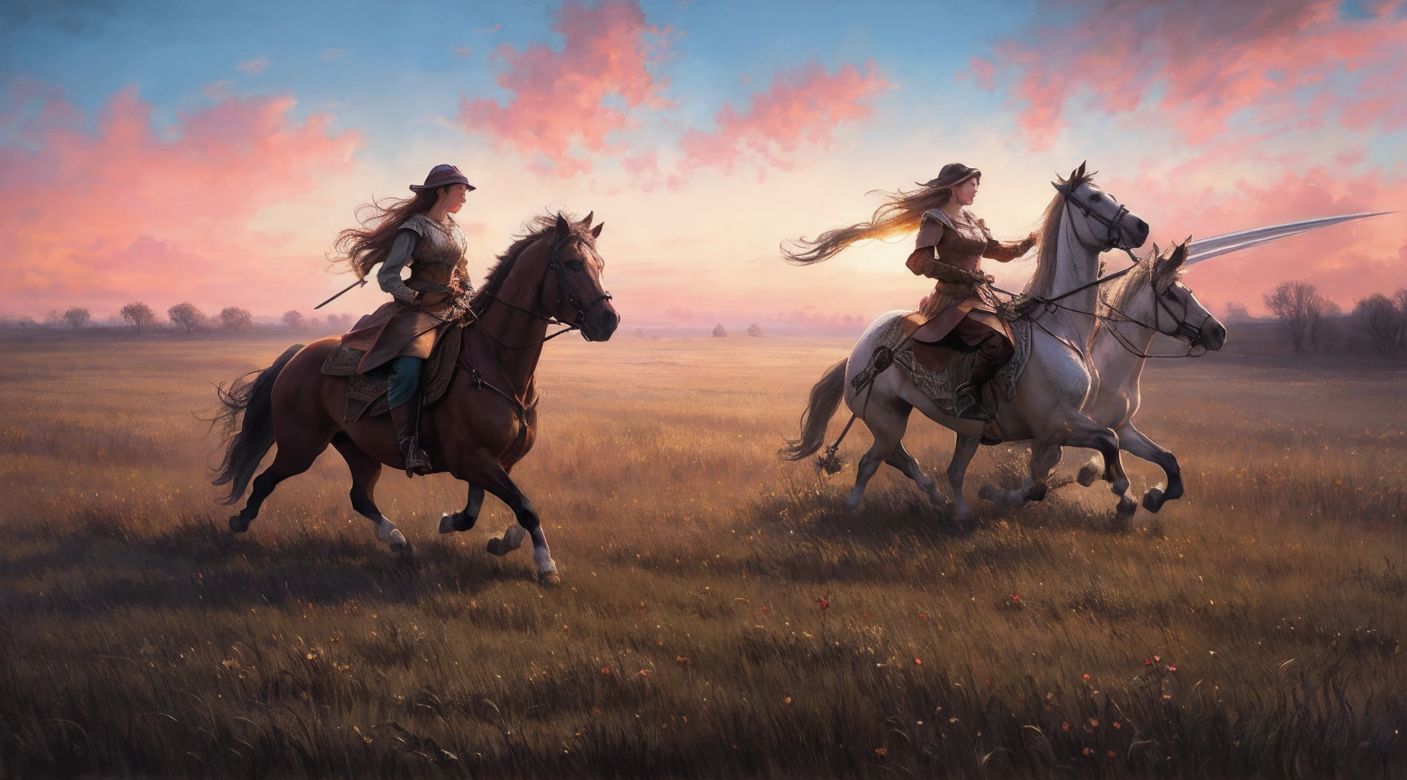 horses running in a field with a woman on one of them, realistic fantasy illustration, magali villeneuve and monet, epic fantasy digital art style, inspired by Jakub Schikaneder, a beautiful artwork illustration, medieval fantasy game art, by Cynthia Sheppard, by Alexander Kucharsky, 4k fantasy art, by Igor Kieryluk, in the steppe