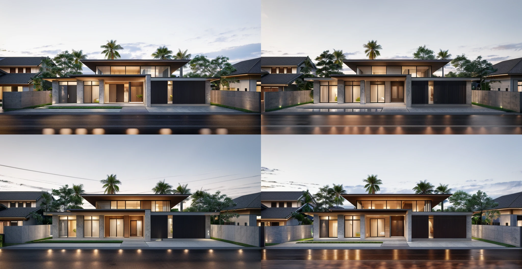 a view of a modern home with a large front yard, main material by white wall and stone and wood,  1 road runs in front of the house,  (RAW photo, real, best quality, masterpiece:1.2), look morden minimalist, 1 road in front of the house, shime ring light, light brighteness from indoor:1.2, dynamic lighting:1.3, (hyper realistic, photo-realistic:1.2), high quality, day lighht, hight contrast :0.5 perfect lighting, archdaily,  award winning contemporary, contemporary masterpiece, well-designed masterpiece, large modern residence, neotraditional modern, wide angle exterior 2022, midcentury modern, contemporary house, hip modern vibe, a long-shot from front, award winning modern design, stunning lines, residential, subtle detailing