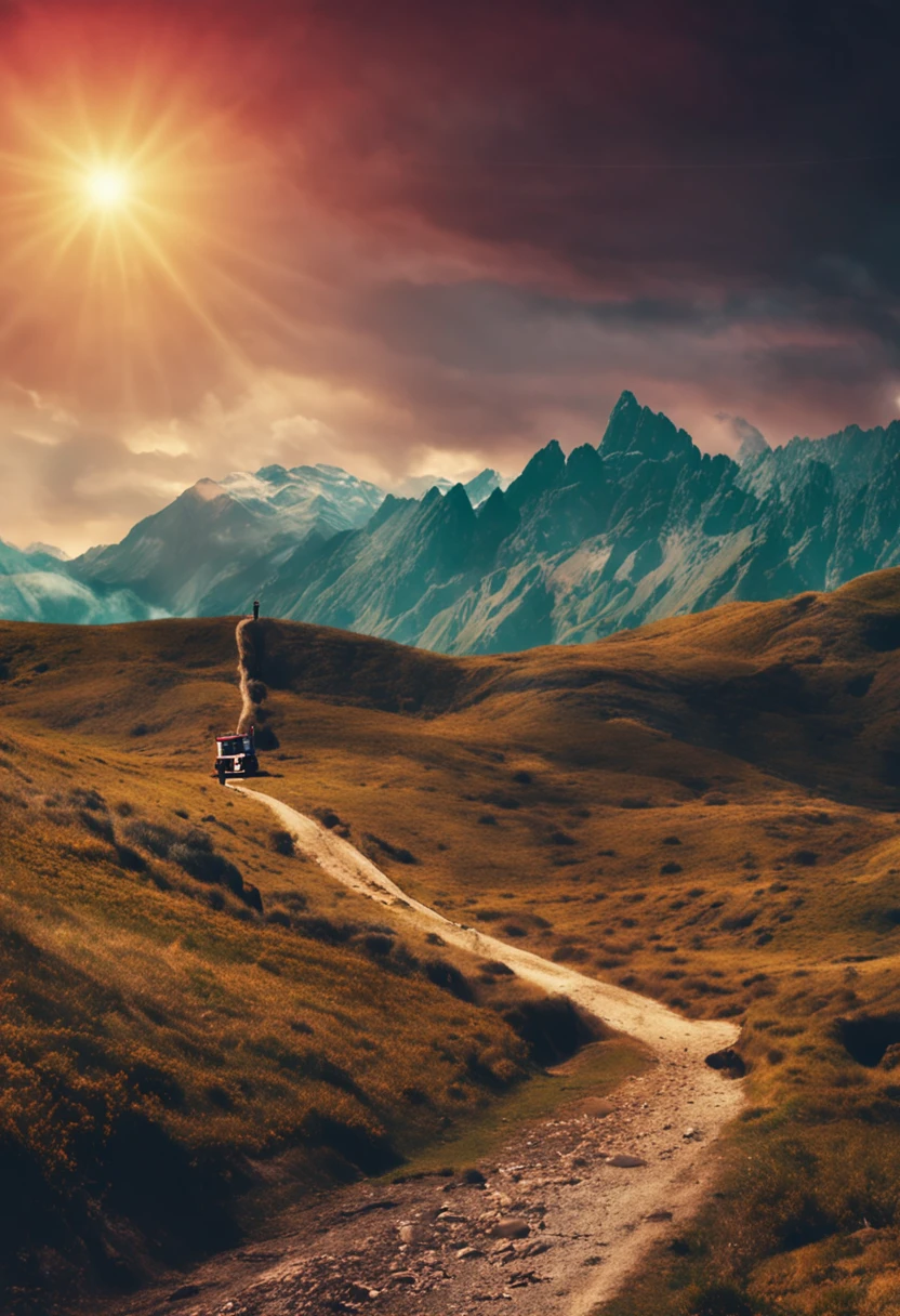 An electrician with a lamp in his hand on a green mountain, in high resolution.
