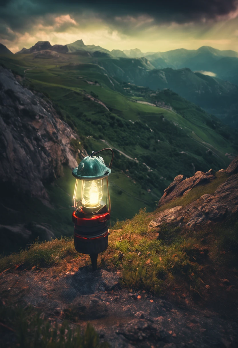 An electrician with a lamp in his hand on a green mountain, in high resolution.