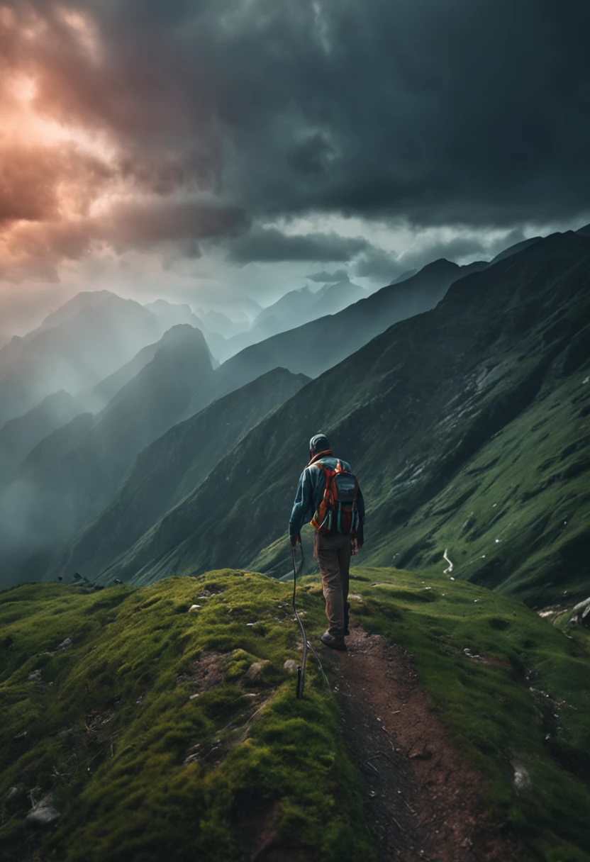 An electrician with a lamp in his hand on a green mountain, in high resolution.