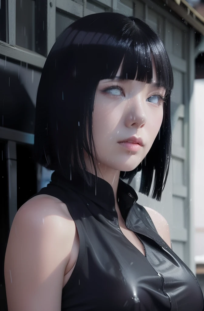 Hinata hyuga A woman standing in the alley. At night. In the rain. She was seen wearing a sleeveless black shirt. The dress looked so tight that her breasts would trace. She had short blue hair. Unraveling not tied down. With bangs in front. He had a white as snow. With rosy cheeks and pink lips. He looked straight ahead. With a body wet in the rain. She's so pretty and realistic