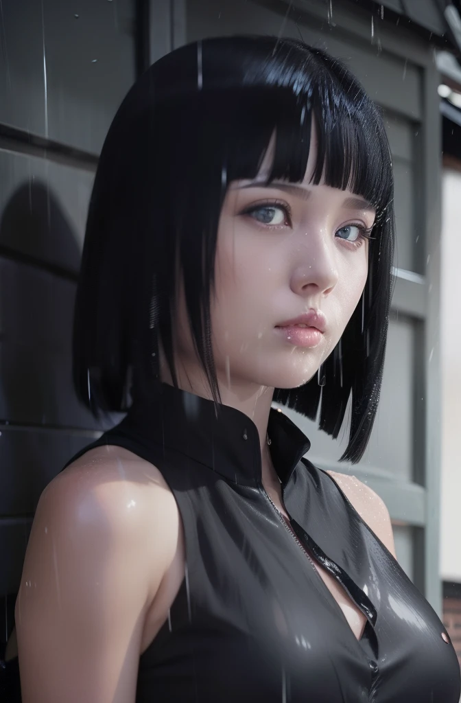 Hinata hyuga A woman standing in the alley. At night. In the rain. She was seen wearing a sleeveless black shirt. The dress looked so tight that her breasts would trace. She had short blue hair. Unraveling not tied down. With bangs in front. He had a white as snow. With rosy cheeks and pink lips. He looked straight ahead. With a body wet in the rain. She's so pretty and realistic