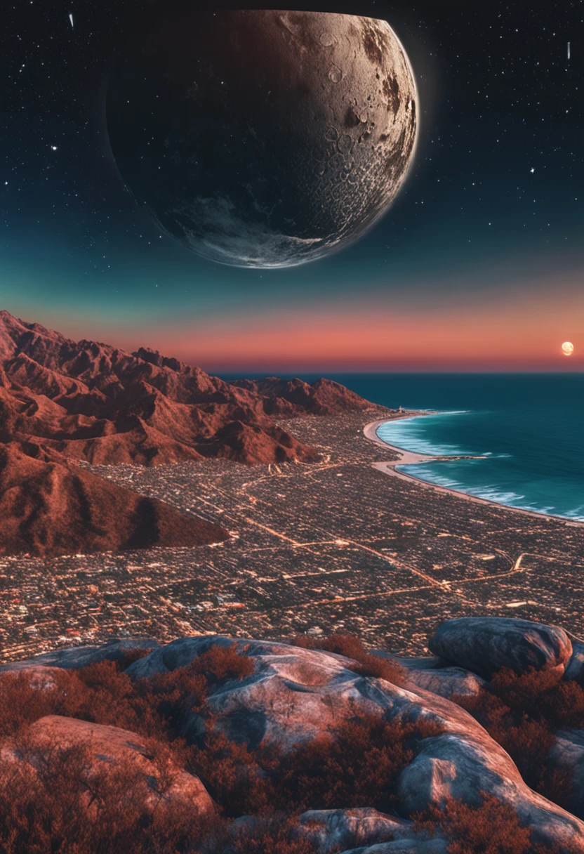 um astronalta liigado a um cabo, where behind you can see the planet Earth and in front of it a gigantic moon