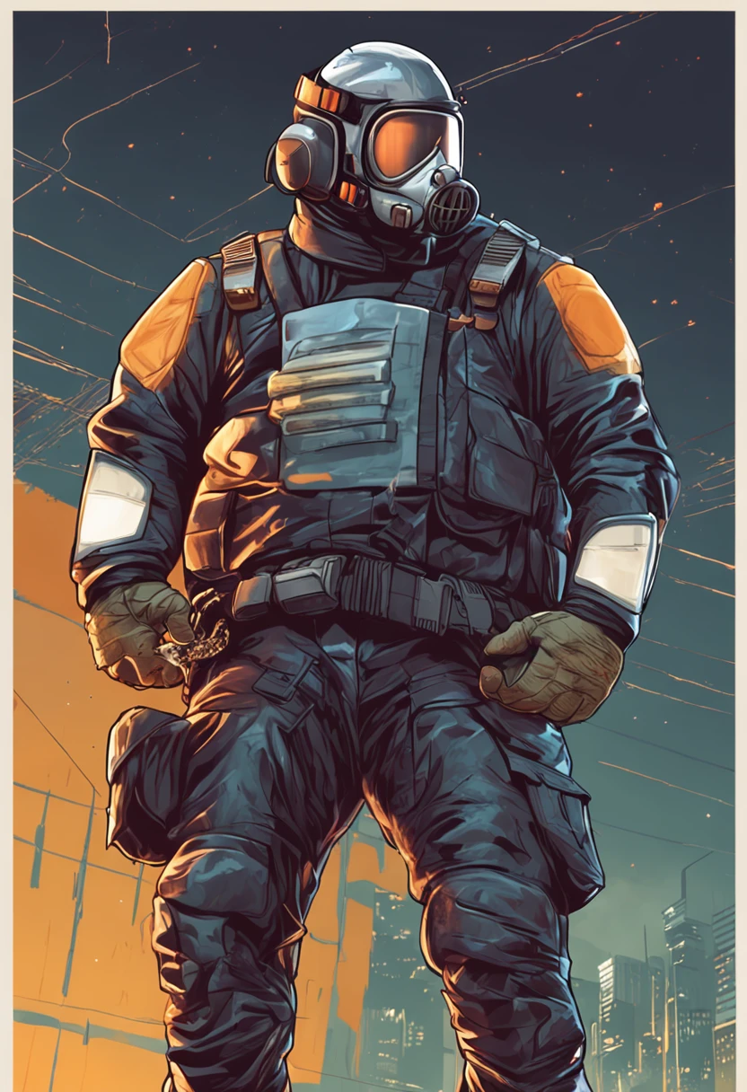 A realistic welding welder in a police jumpsuit seizing a pistol in his chrome hand