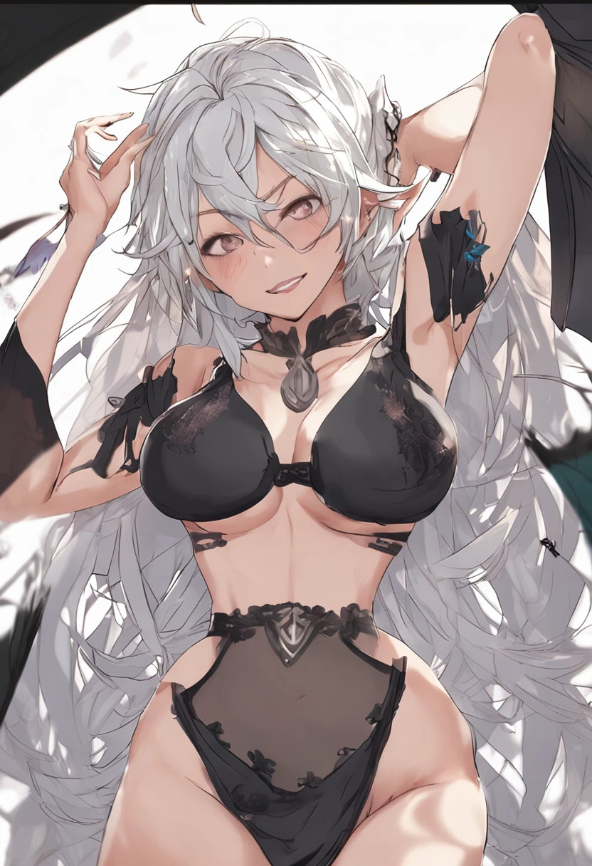 spread , grey hair, feather hair ornament, mature female, seductive smile, heterochromia , visible through hair, eyes visible through hair, breasts out, cape, thong, slippers, cameltoe, _beads, uncensored, vibrator, wakamezake, no bra, legs_up, all_fours, pubic tattoo on underbelly, body_writing, tally, gokkun,