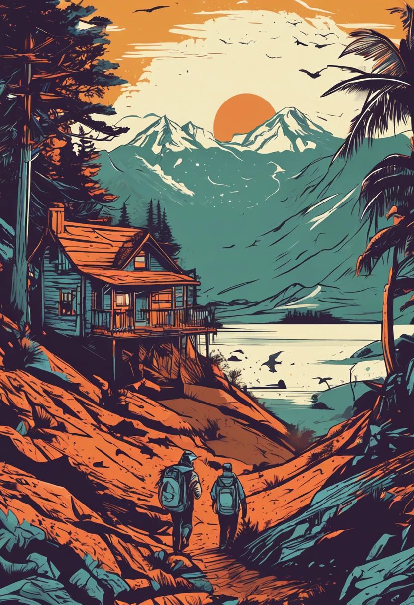 print-ready vector t-shirt design, cena de aventura com explorador, com belo sol noturno e montanha ao fundo, fundo branco limpo, vetor profissional, tiro completo, 8K resolution, Deep print illustration, American house falling apart on top of the mountain seen from afar