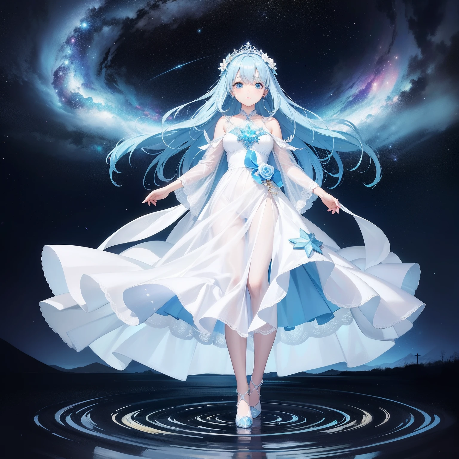 Pretty girl、4K、 masutepiece , sky blue hair , white amazing dress, Light blue eyes , Night , Starry sky, Lake water, Full body portrait , Face Highlights, Auto Adjust, Optimize image quality