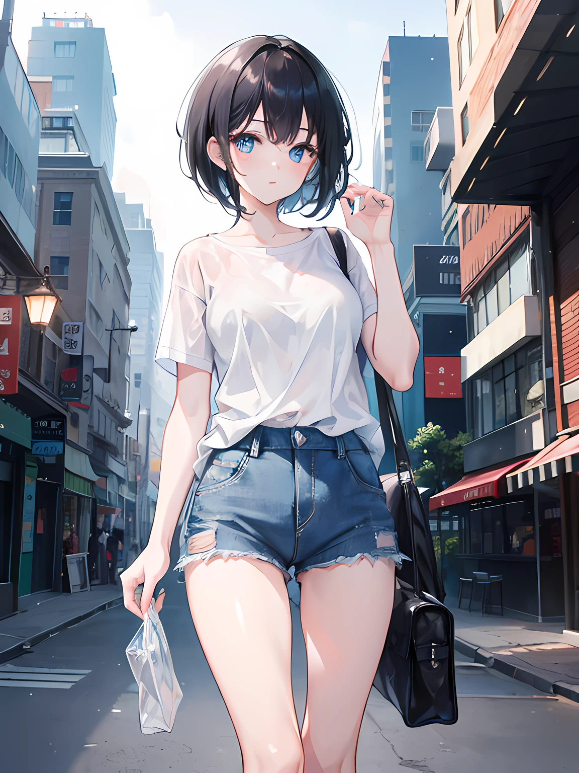 1girl, short black hair, blue eyes, wearing plain white shirt, denim shorts, city, absurdres, high res, ultrasharp, 8K, masterpiece, looking at viewer