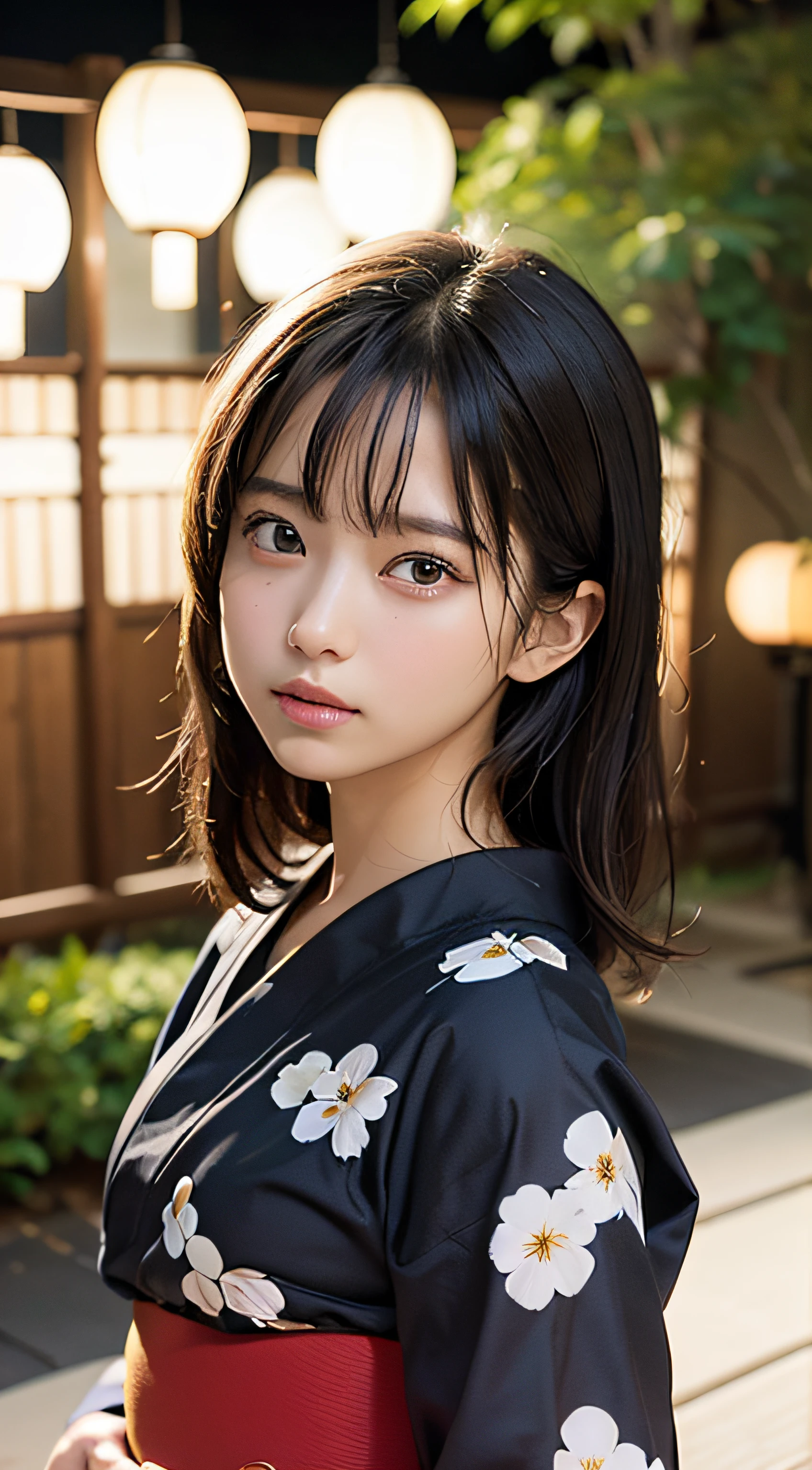(masutepiece, Best Quality:1.4), Beautiful face, 8K, 85 mm, absurderes, (floral pattern yukata:1.4), close up of face, violaceaess, gardeniass, Delicate girl, Solo, Night, Looking at Viewer, Upper body, Film grain, chromatic abberation, Sharp Focus, face lights, Professional Lighting, Sophisticated, (Smile:0.4), (Simple background, Bokeh background:1.2), Detail Face