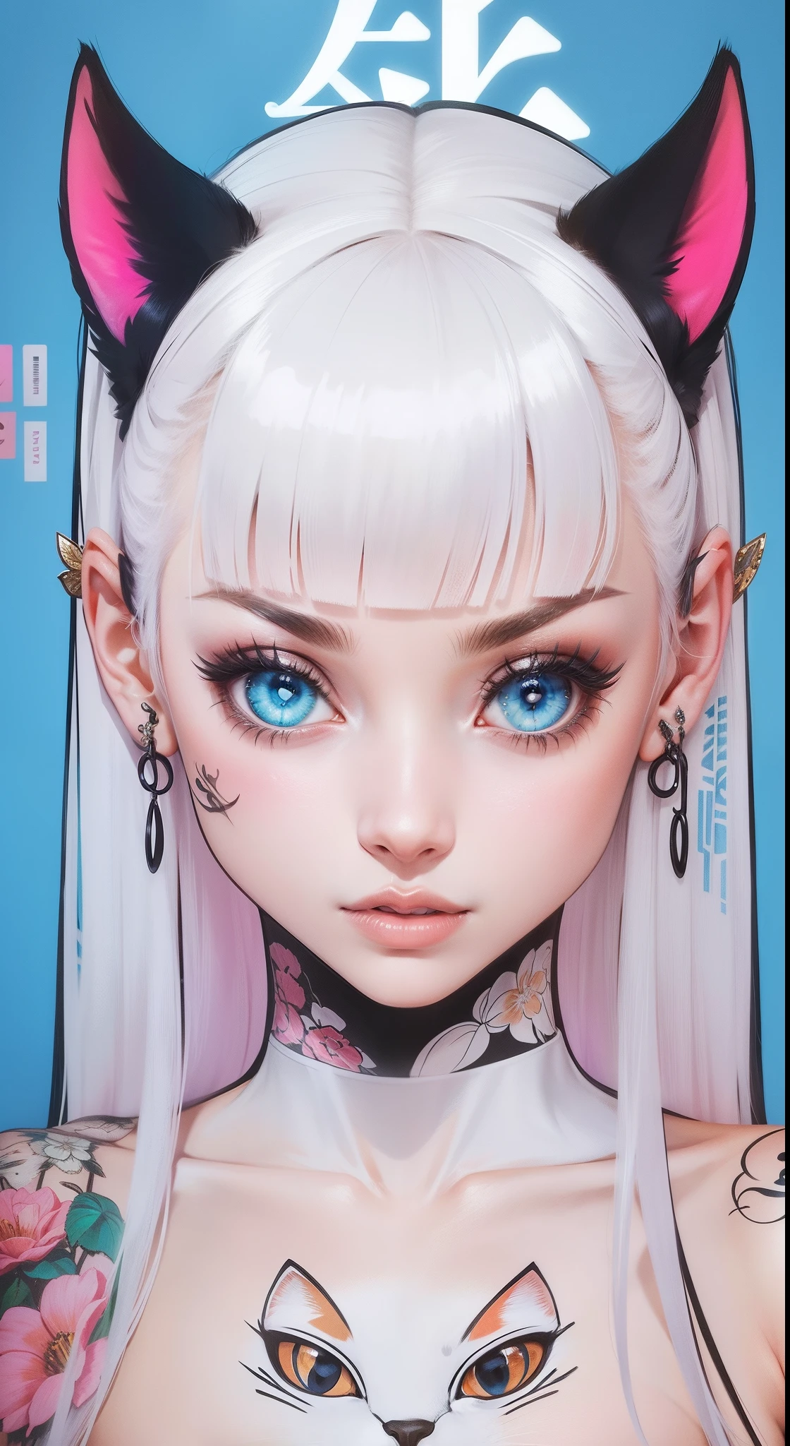 Mulher realista, cabelo branco, olhos azuis, orelha de gato, blusa branca, tatuagem