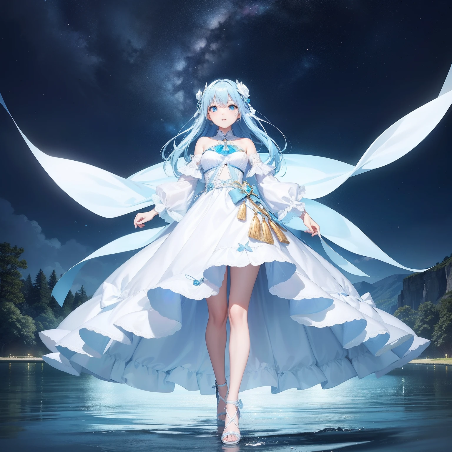 Pretty girl、4K、 masutepiece , sky blue hair , white amazing dress, Light blue eyes , Night , Starry sky, Lake water, Full body portrait , Face Highlights, Auto Adjust, Optimize image quality