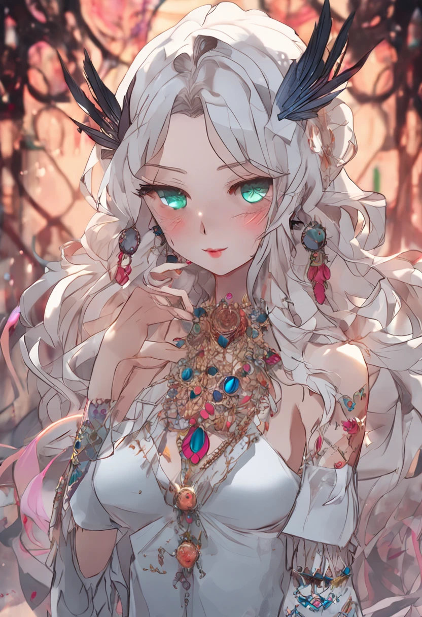 abdominals tattoo, spread , whaite hair, feathers hair ornament, witch, Mature female, Seductive smile, Heterochromia , Visible through hair, Eyes visible through hair, Multicolored eyes, breasts out