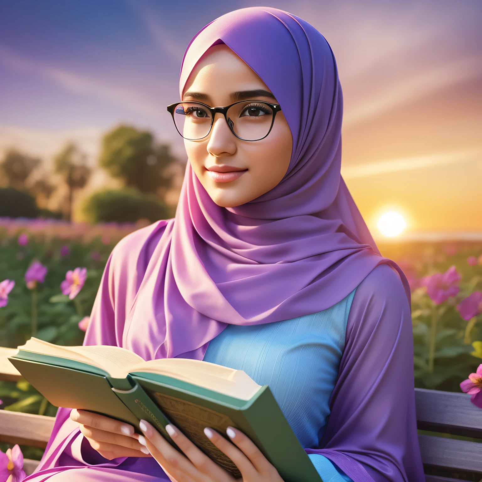 ultra realistic,16k, enhanced quality, perfect face, perfect hands, perfect body, ultra detailed,1girl, perfect hair, girl wearing glasses, perfect glasses, perfect smile, ultra realistic, ultra realistic background, ultra realistic sunset, ultra realistic clouds, sitting on a bench in a garden of flowers reading Qur'an, looking at Qur'an, ultra realistic glowing butterfly, girl wearing perfect hijab, ultra realistic particles, perfect duck lips, Islamic hijab.