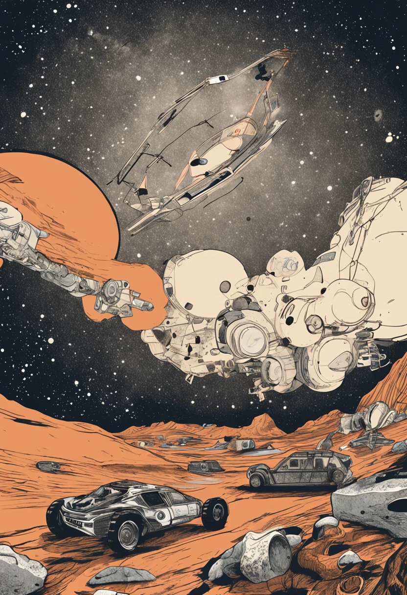 um astronalta, ligado a um cabo, Wandering in space, atras dele, o planeta terra de onde sai o cabo e ele indo de encontro a lua a sua frente