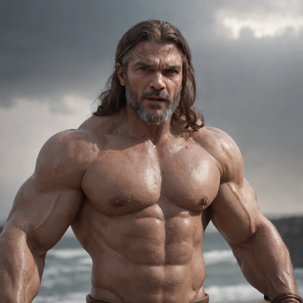 (Professional 3D rendering:1.3) de (Realistic:1.3) Foto de arte mais bonita do mundo,Features soft, bright male heroes, ((Epic hero fantasy rough muscular man wet hero angry look long hair short beard and fierce expression in dynamic pose, fantastic location, majestoso ambiente desordenado)), corpo inteiro 8k unidade render, action shot, poros da pele, very dark lighting, sombreamento pesado, circunstanciado, Rosto detalhado, (vibrante, fotogrdeia realista, Realistic, Dramatic, Escuro, foco nítido, 8k), (Old leather clothes damaged by bad weather:1.4), ((((Use peles)))), (intrincado:1.4), decadente, (altamente detalhado:1.4), pintura digital, rendering by octane, art stations, Conceito-Arte, liso, foco nítido, illustration, germe da arte, (Loish:0.23), Wlop Ilya Kuvshinov, e Greg Rutkowski e Alphonse Mucha Gracias, (global ilumination, studiolight, Light Volumetric), chuva forte, floating particles, patife, fantasia, Onze, corpo inteiroesbian, ((Fundo escuro e antigo da cidade:1.3)),CGSesociedade,art stations