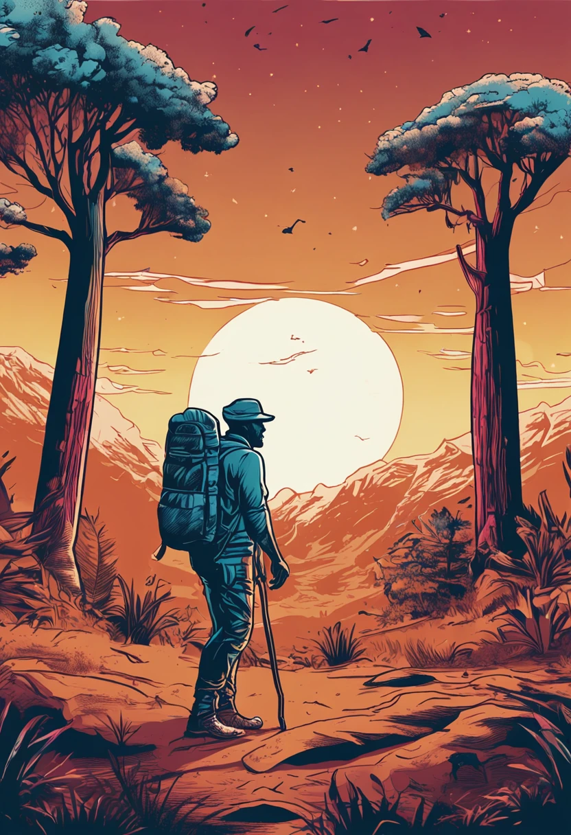 print-ready vector t-shirt design, cena de aventura com explorador, com belo sol noturno e floresta com galhos altos, fundo branco limpo, vetor profissional, Tiro completo, 8K resolution, Illustration in deep print, figura oculta visto de longe