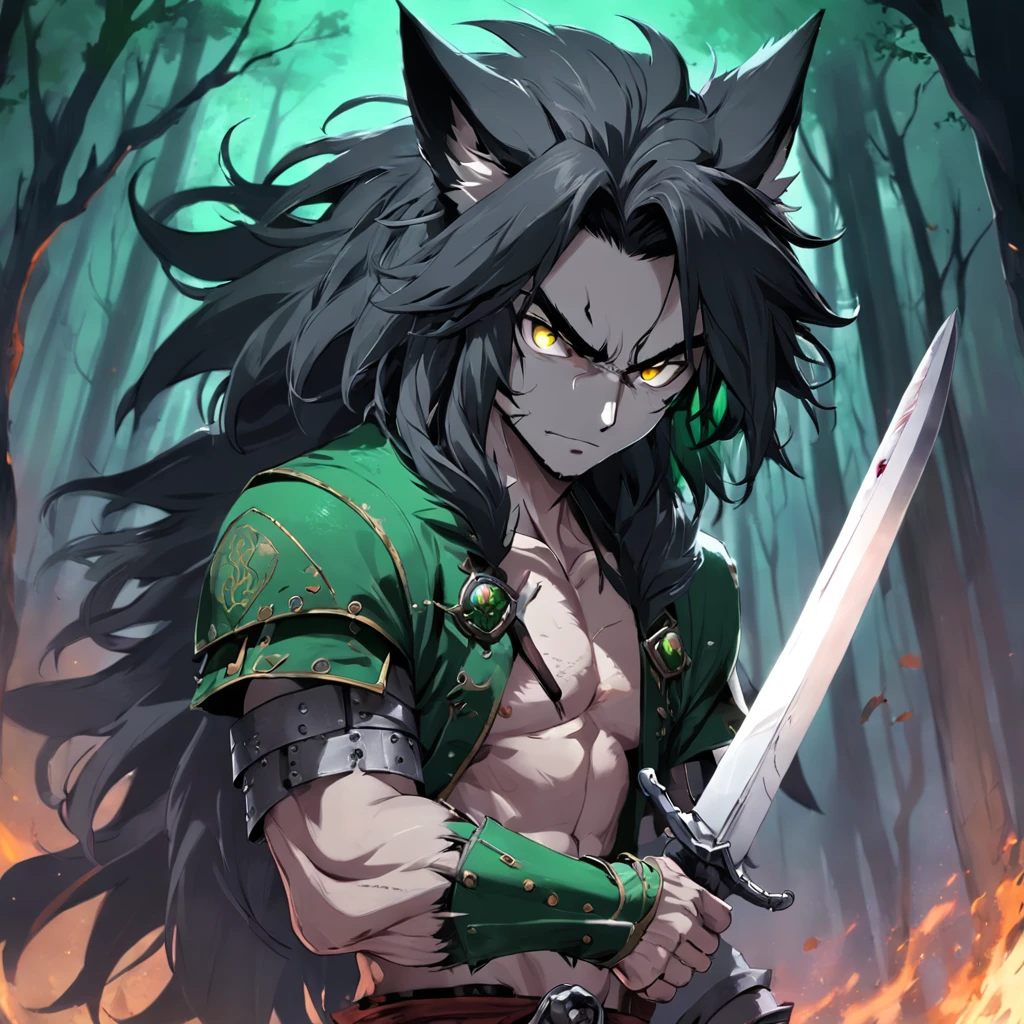 um lobo no estilo de anime preto junto com um garoto de cabelo curto na cor verde escuro segurando uma espada medieval usando uma armadura