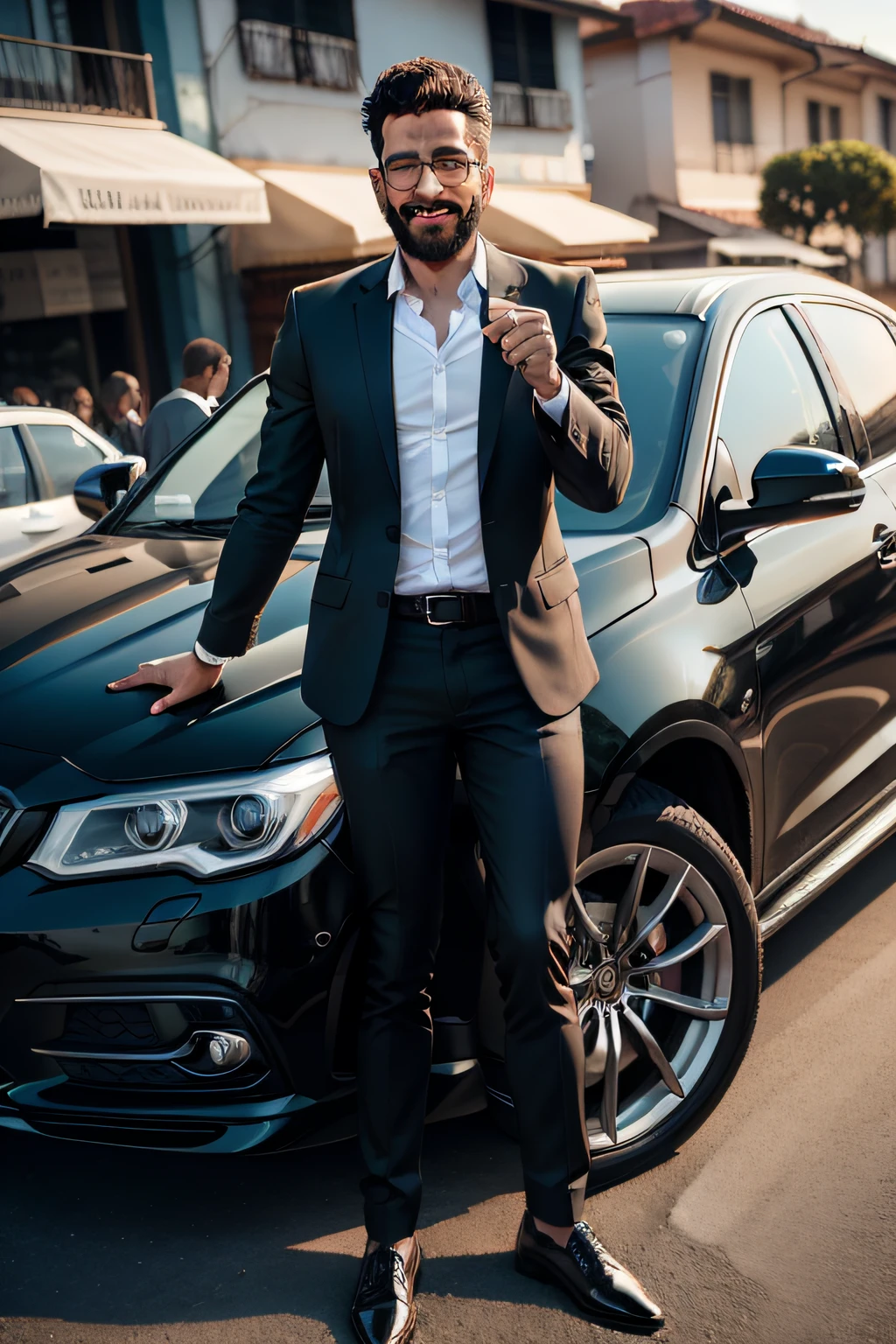 Brazilian man celebrating the purchase of a black car holding several iphones