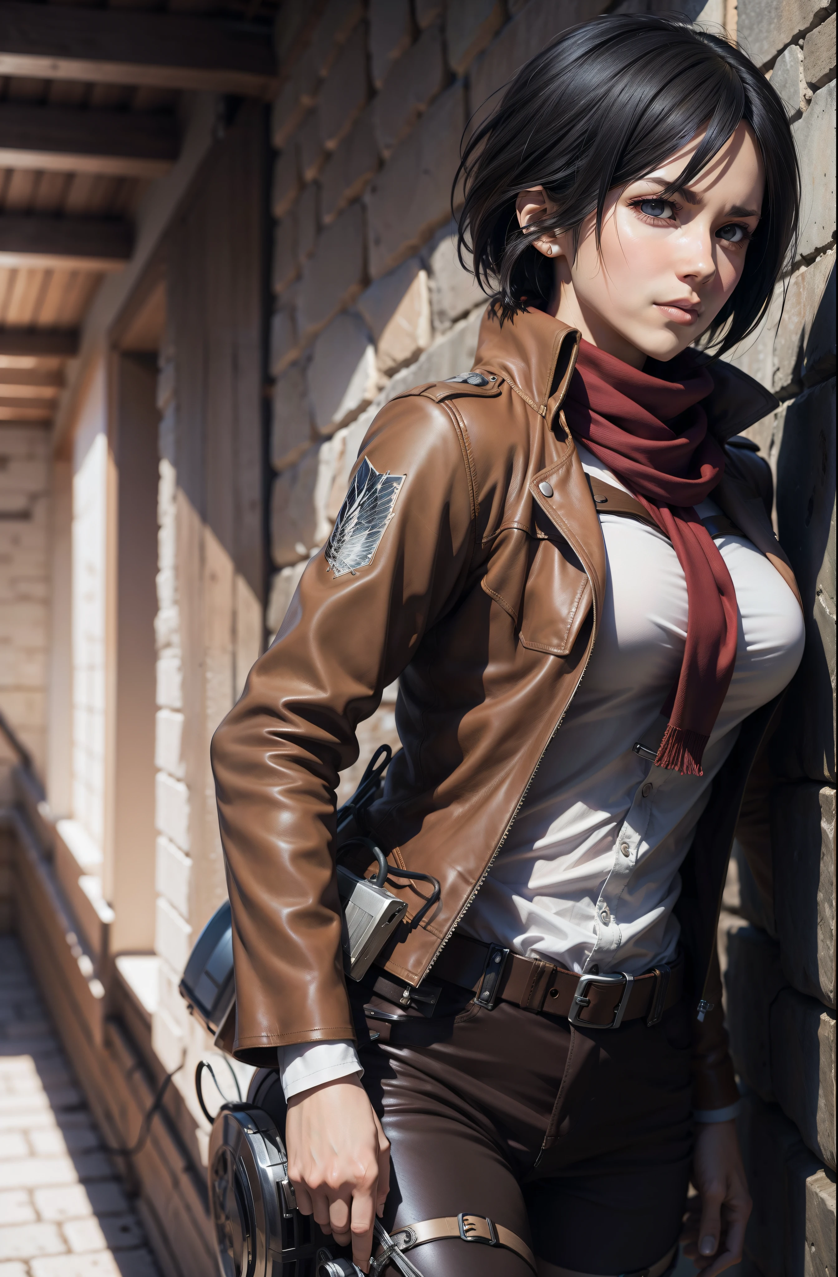 Image of Mikasa Ackeman in leather jacket and scarf leaning against the wall, photorealistic anime girl rendering, badass anime 8 k, Artgerm ; motor 3d unreal, gama murata e Artgerm, Parecendo Annie Leonhart, 3 d render arte do caractere 8 k, Mikasa Ackerman, Wojtek FUS, Jogo CG, Makoto Shinkai e Artgerm