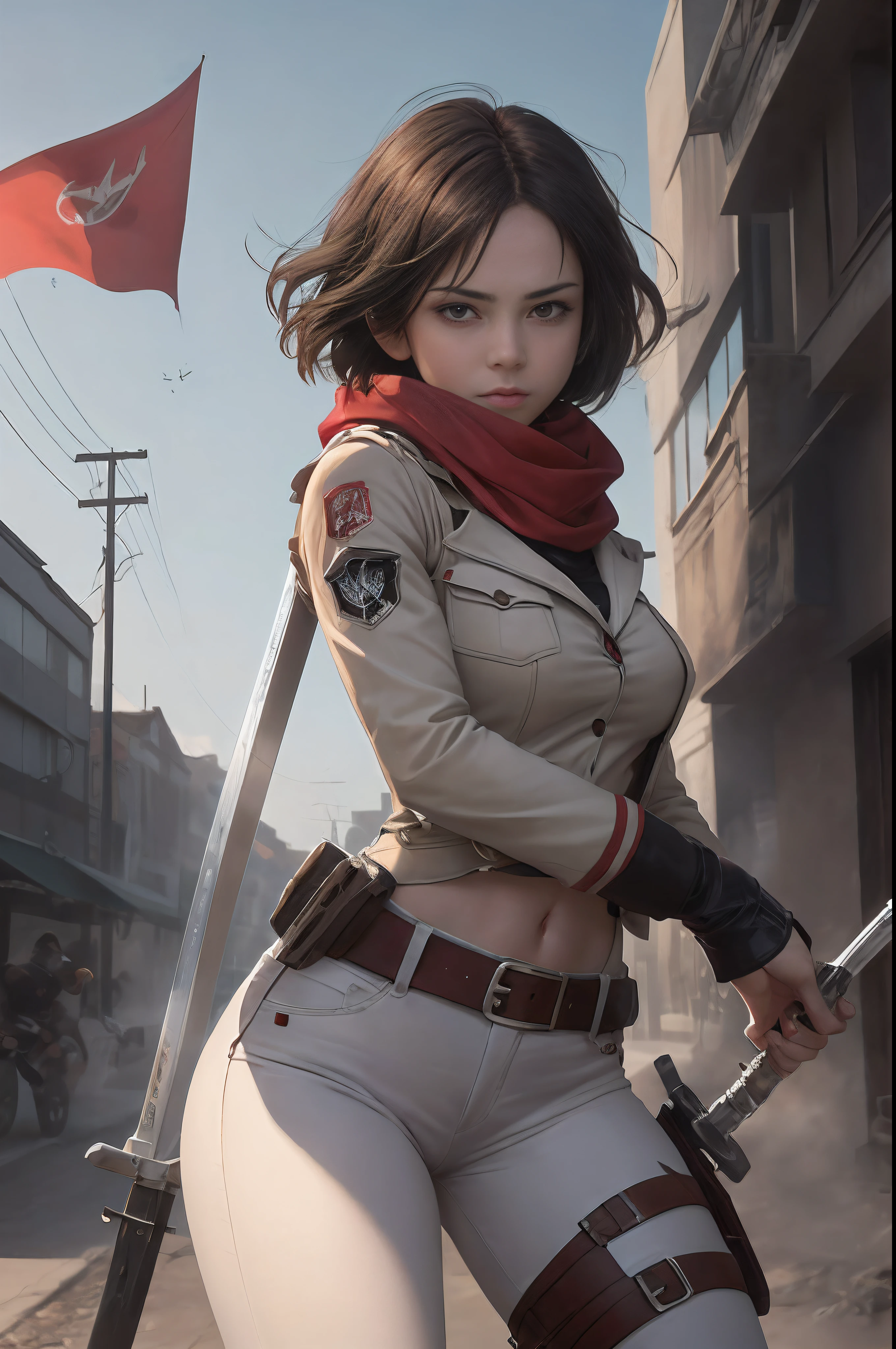 Imagem de Mikasa Ackeman , obra-prima, melhor qualidade, highres, hmmikasa, cabelo curto, olhos pretos, cachecol, emblema, cinto, thigh strap, red scarf, white trousers, jaqueta marrom, mangas longas, segurando arma, espada, empunhadura dupla, equipamento de manobra tridimensional, postura de luta, heaven, , seios grandes, peitos grandes, corpo definido, guerreira, sensual, zoom em seus olhos, (1girl em)、(realisitic)、( fotorrealista:1.5)、Batomornsardas、cabelos pretos, 8k UHD、(filmgrain) extremamente delicado e bonito、8k, alta qualidade、alta resolução, ju、ighly detalhado、belos olhos detalhados、 olhos e rosto extremamente detalhados、obra prima、(lighting like a movie)、(pele de alto detalhe:1.2)、8k UHD、Digital SLR、a strong lighting of fire、alta qualidade、filmgrain、obra prima, qualidade superior, alta qualidade, alta resolução, ((muito nitido)), Photo taken with long-range professional camera, alta qualidade, preservar face, sensual