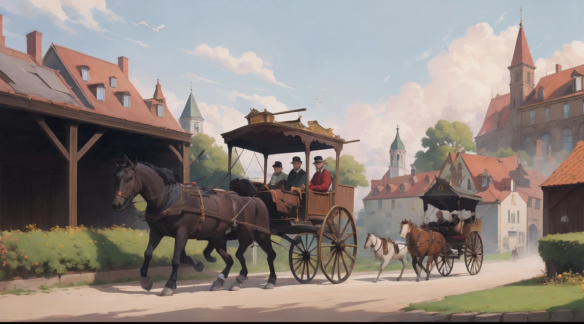 There are many people riding in a horse-drawn carriage on the street, par Joseph Borsos, par Andrzej Wróblewski, par Krzysztof Boguszewski, par Fiodor Rokotov, par Adrian Zingg, par Artur Tarnowski, par Ferdinand Knab, wagon