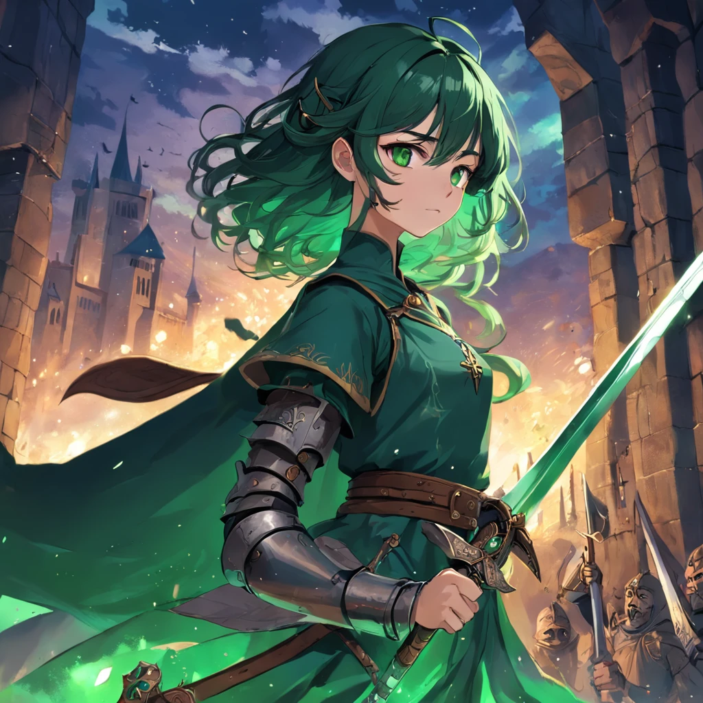 junto com um garoto de cabelo curto na cor verde escuro e de olhos esmeralda segurando uma espada medieval usando uma armadura