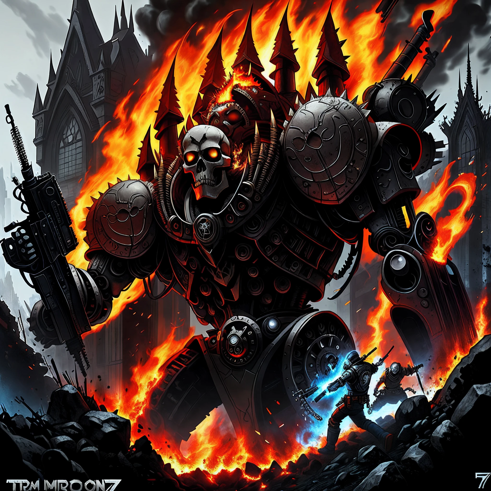 A skull with a gun and a skull was surrounded by flames, Heavy metal T-shirt design, heavy metal art style, skull design for a rock band, style of hydro74, terminator art, heavy metal artwork, Spiked gears of war skulls, Giant robot skull, author:dan munford, Detailed cover artwork, Death machines