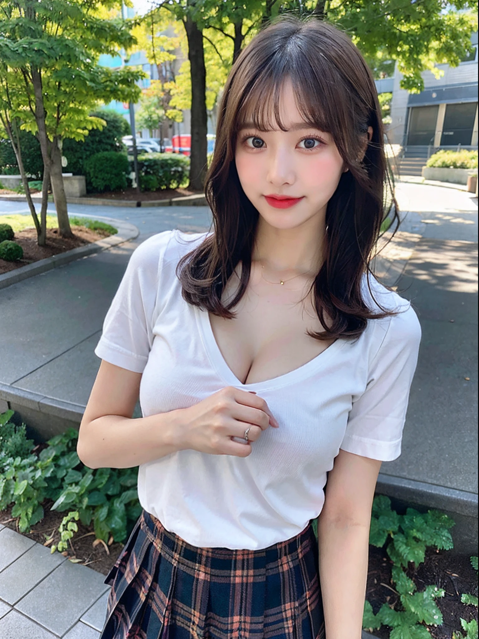 nsfw, 8K raw photo, Best quality, masterpiece, ultra high res, film grain, filmg, 1girl, looking at viewer, natural skin texture, realistic eye and face details, full lips, lipstick, (makeup), red eyeshadow, fluffy short hair, messy hair, smile, close mouth, beautiful legs, tall female, skinny, slim_legs, solo, enormous breast, cleavage, Pose with buttocks facing you, ultra short skirt, ass, shirt, beautiful nature location, around flower location, (detailed background), plaid skirt, white shirt, enormous breast, cleavage, Show a little cleavage through the shirt, loafers, blurry background, blurry, holding, plaid, short sleeves, jk ribbon on the neck, jk ribbon, brown hair, bracelet, water, bangs, school uniform, jewelry, parted lips, lips, from side, pleated skirt, depth of field