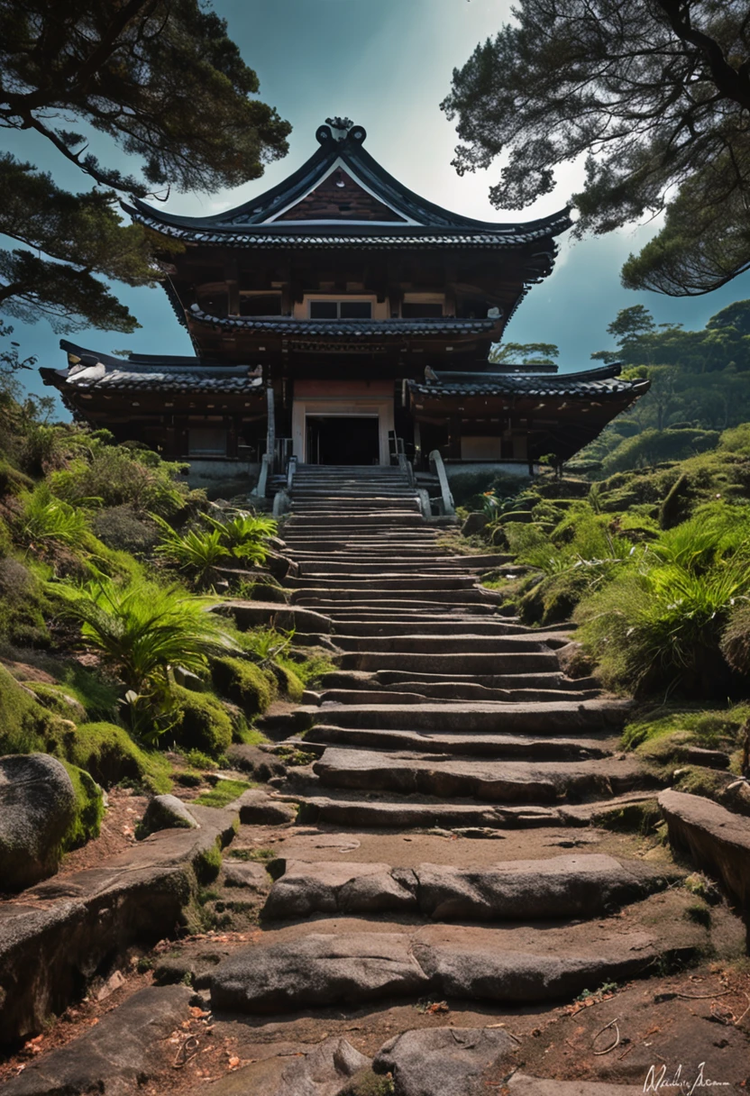 a mountain with a house of ancient japan of secúlo X, a era dos samurais no alto de uma floresta primiti, com neblinas brancas cobrindo a mata selvagem, psychedelic sky quite the show, a stone staircase to access it by descending the mountain, arquitetura japonesa antiga, letras escrito em japones , sem humanos, hiperrealista, ultra-detalhado, foco nítido, Mysterious and magnificent landscape, realismo, obra prima, visionary art, obra premiada, High definition details, ultra realista, unique and exclusive art, DMT, psychedelic artwork