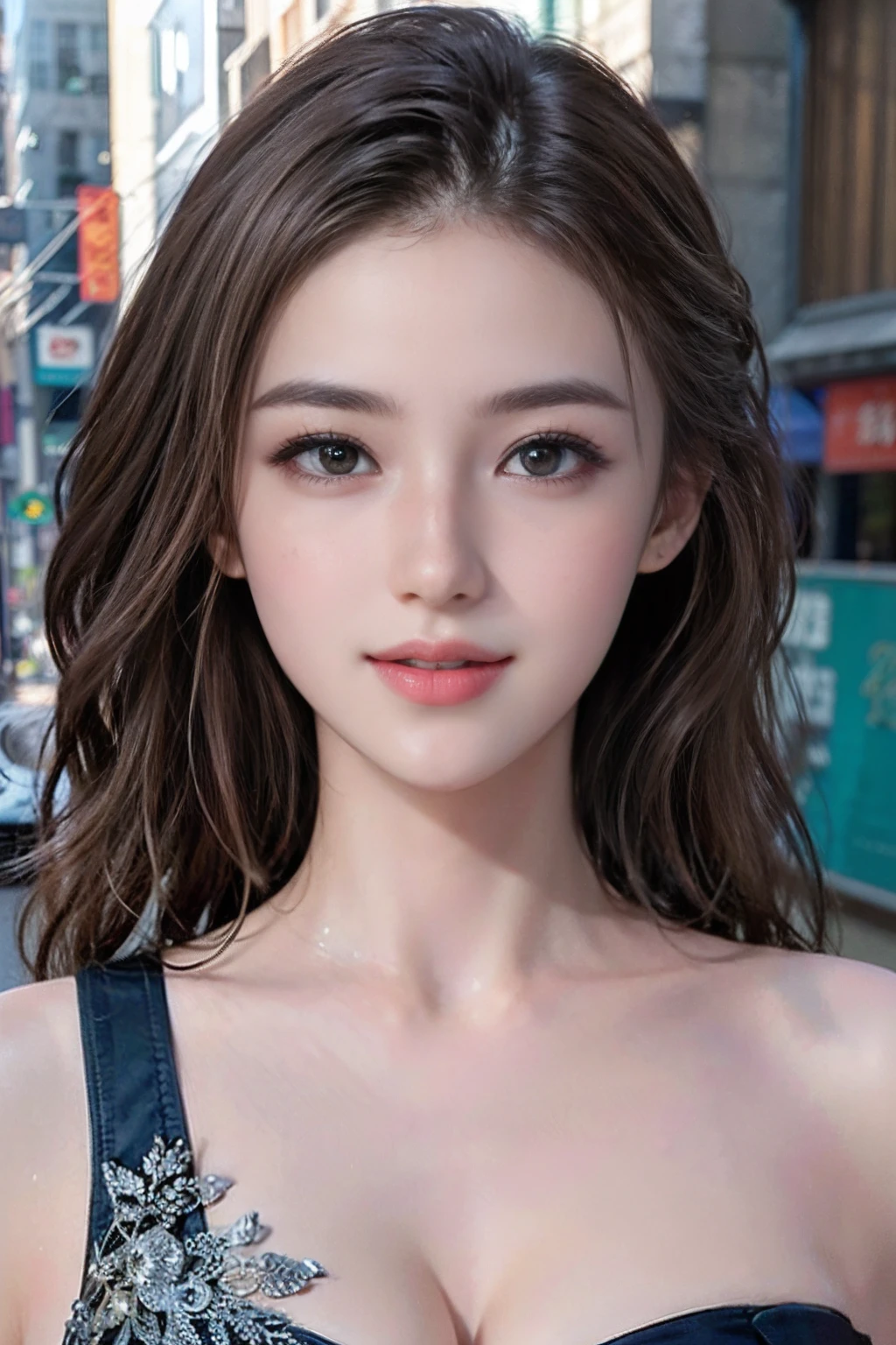 (Skindentation:1.5), Realistic, Realistic, （small tits）、(masutepiece:1.5), Concept art, intricate detailes, Highly detailed, Realistic, Octane Rendering, 8K, Unreal Engine, Dynamic Pose, Best Quality, High resolution, (Realistic face:1.1), (Hyper-Realism:1.1),  Perfect eyes, (Shiny skin: 1.2), (((Hairstyle))), (((perfect hand)) ), (Very detailed background), ((dynamic background) ),  (Wildfruit), ((1girl in)), steady, srestrained,  ((Detailed eyes, high quality eyes, face with high quality)), (vintage dress), Brown curly hair,manhattan, New York, ((Dramatic)), epicd, depth of fields,  4K, Gothic, A smile、sunlights、Sunlight、