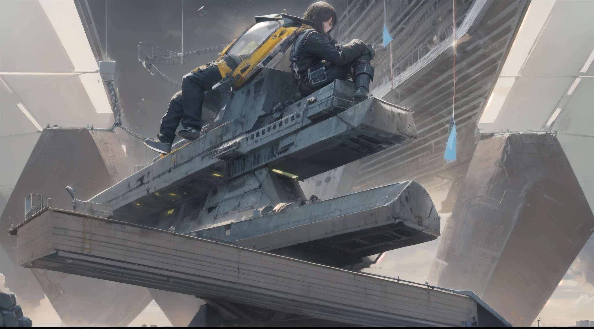 Sleepy designer riding on huge steel object look like hammer, midnight, asteroid