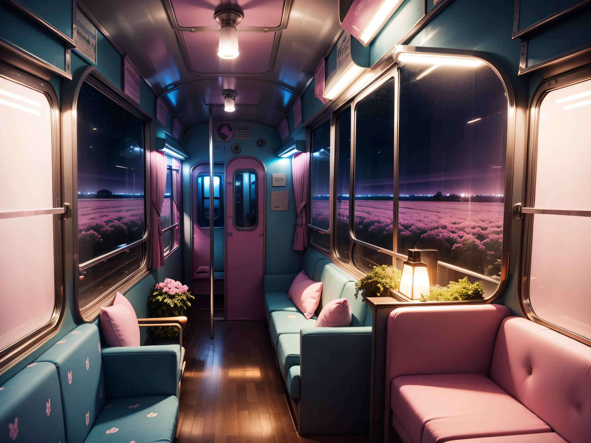 cloud inside of the train at the night. pink and blue light cabin lamp, with bunny garden outside view from the window, add bunny ornamen on the sofa. simetris view