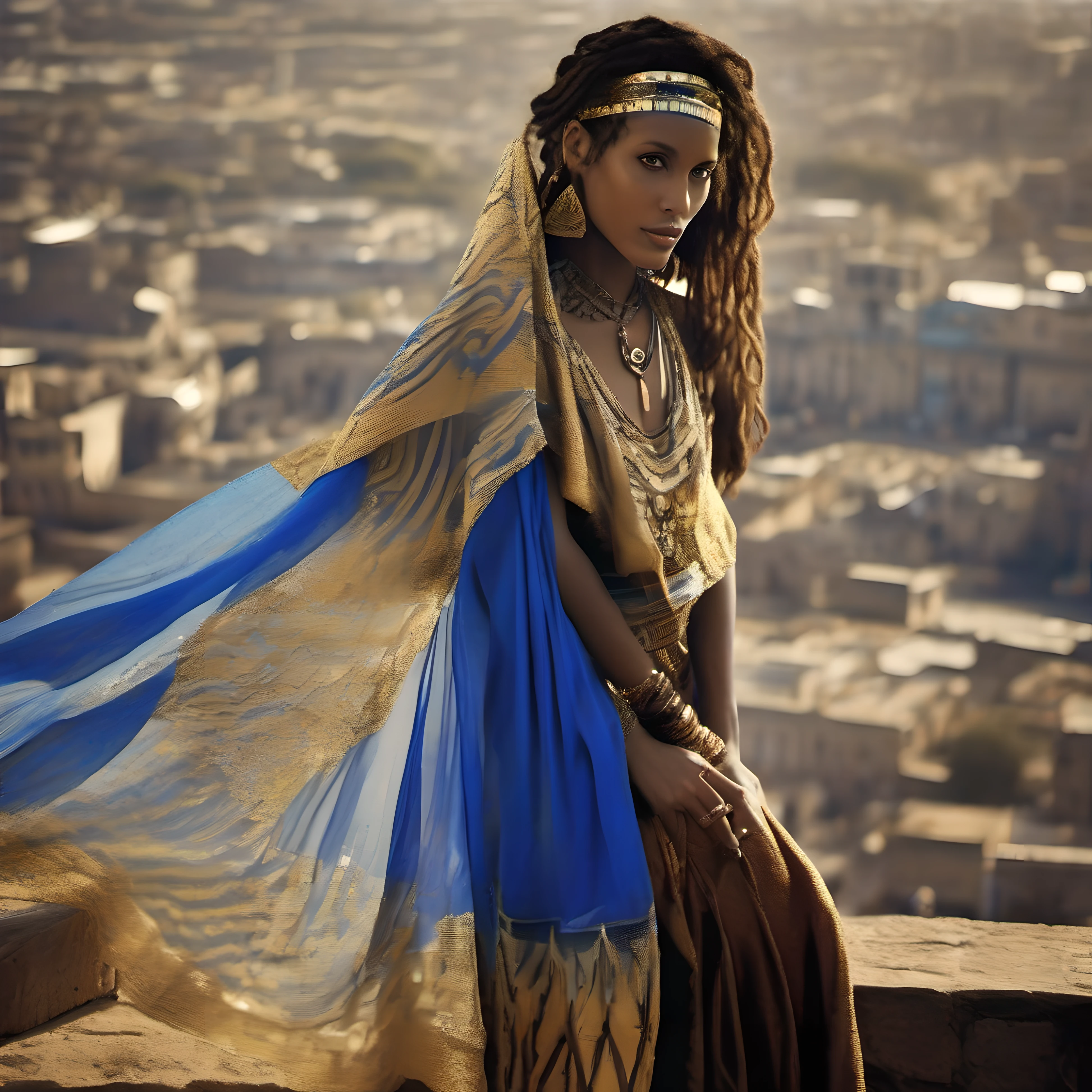 #ethiopia #habesha #africa #dance #weeding #abyssinian #eastafrica #culture #eritrea wearing a short wide-open blue-golden-Egyptian poncho, on top of the Piramide from Cheops looks down over the Egyptian old City, photography by Mario Testino, f/2 , 50mm