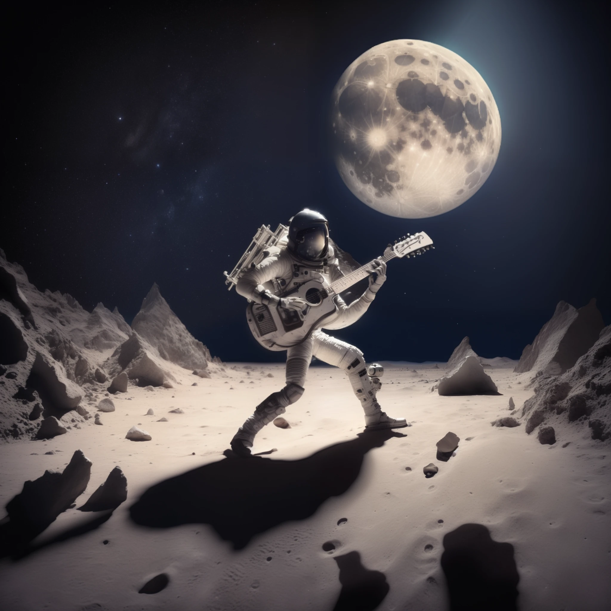 Astronauta Arafed tocando guitarra no deserto com uma lua cheia ao fundo, an alien musician lost in space, Standing on the Moon, Na lua, na lua, Astronauta na Lua, Fotografia Moonwalker, Caminhada Lunar, na lua, Caminhando na Lua, on the surface of the moon, lua, alien musician, em outro planeta