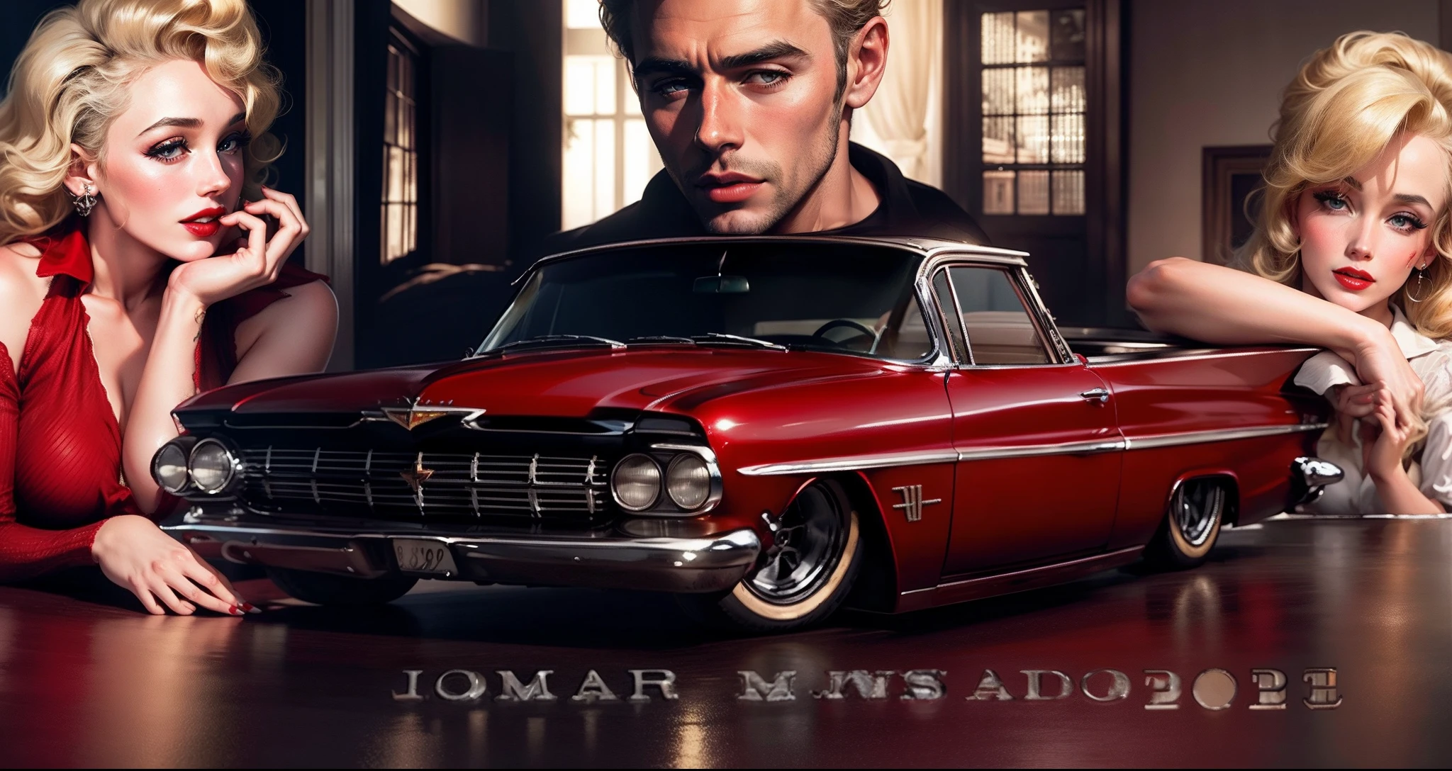 Um elegante Chevy El Camino 59 em primeiro plano, close-up of beautiful blonde Marilyn Monroe with red lips, actor James Dean and a beautiful European woman with classy red lips and in the background windows with frames