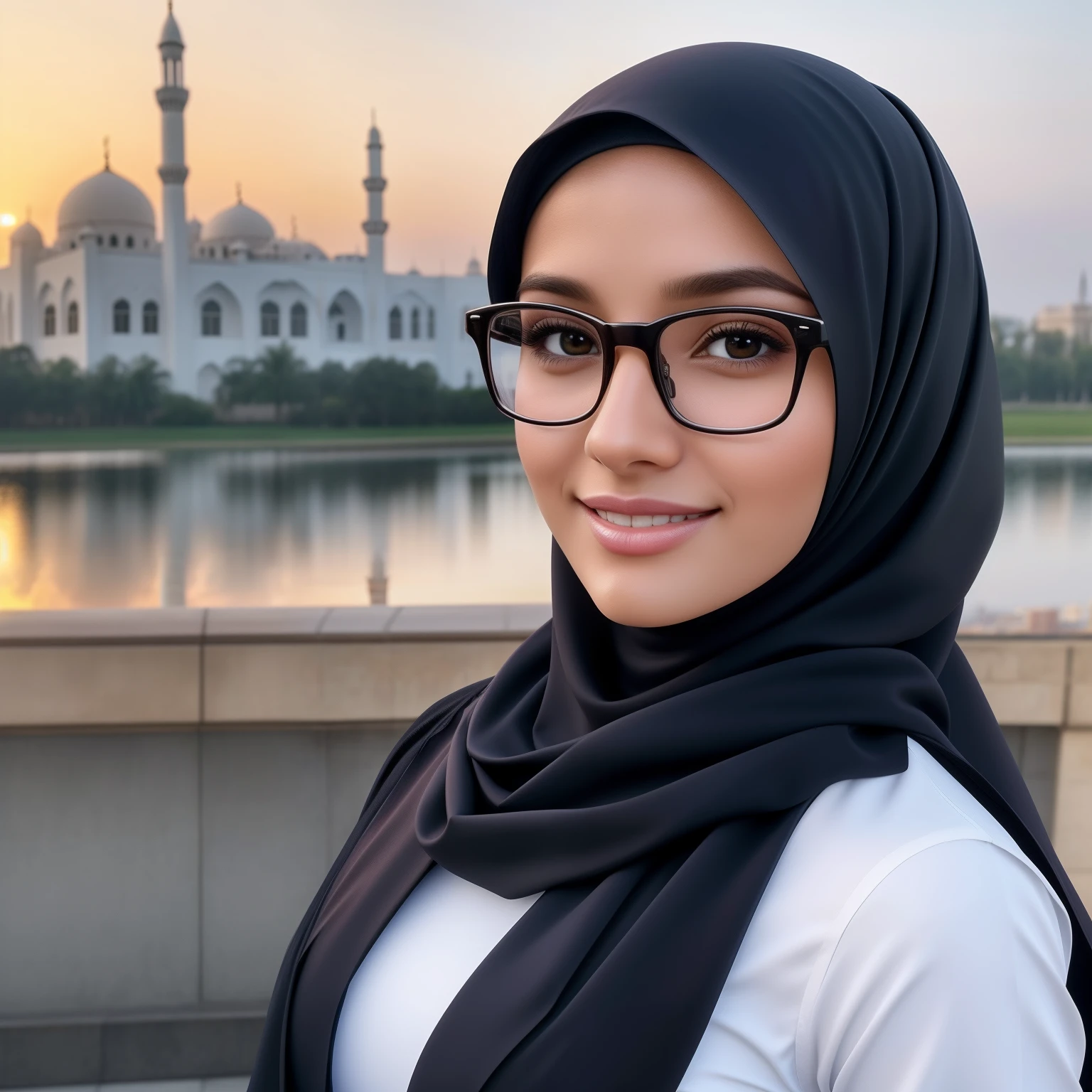 ultra realistic,16k, enhanced quality, perfect face, perfect hands, perfect body, ultra detailed,1girl, perfect hair, girl wearing glasses, perfect glasses, perfect smile, ultra realistic, ultra realistic background, ultra realistic sunset, ultra realistic clouds, Infront of a mosque, different poses, looking at view, ultra realistic glowing butterfly, girl wearing perfect hijab, ultra realistic particles, perfect duck lips, Islamic hijab.