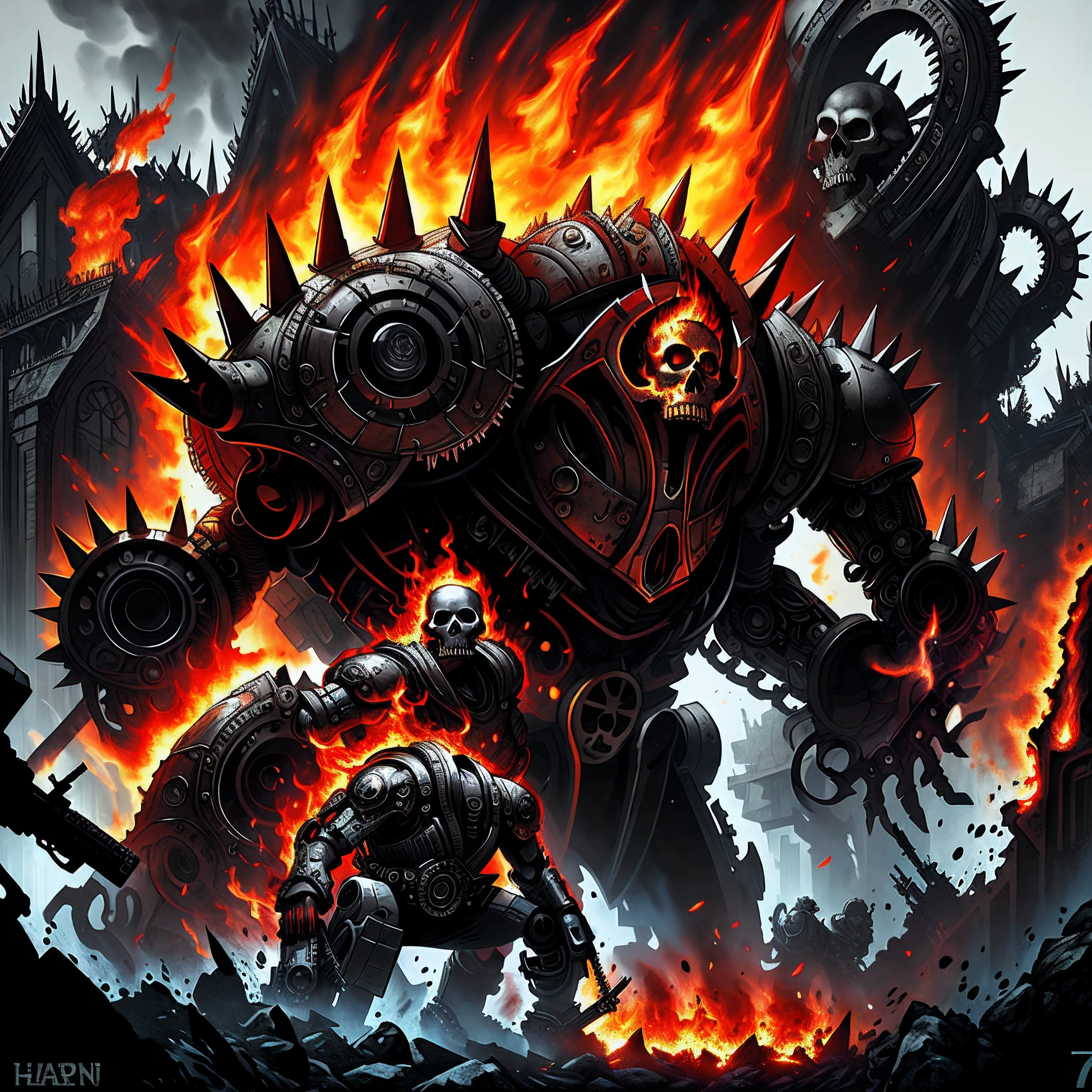 A skull with a gun and a skull was surrounded by flames, Heavy metal T-shirt design, heavy metal art style, skull design for a rock band, style of hydro74, terminator art, heavy metal artwork, Spiked gears of war skulls, Giant robot skull, author：dan munford, Detailed cover artwork, Death machines