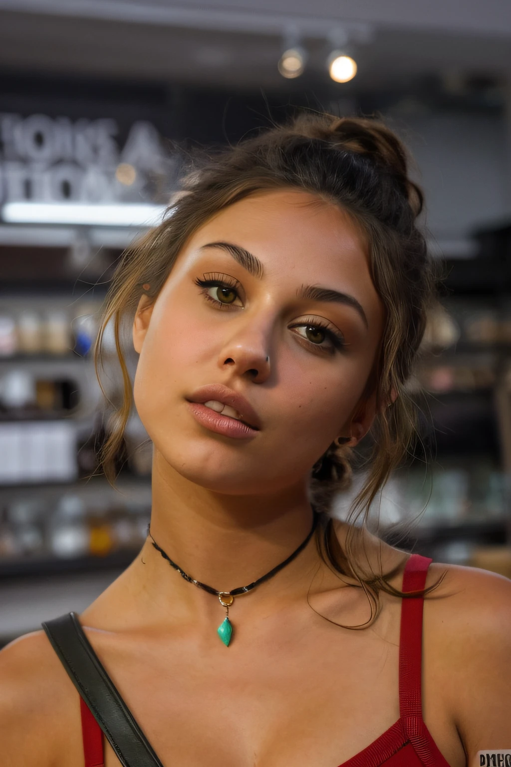 there is a woman with a necklace on her neck looking at the camera, portrait sophie mudd, looking to the side off camera, mila kunis, woman's face looking off camera, septum piercing, julia rose, sexy face, gorgeous latina face, perfectly lit face, sexy girl with green eyes, without makeup, sexy gaze, young woman's face