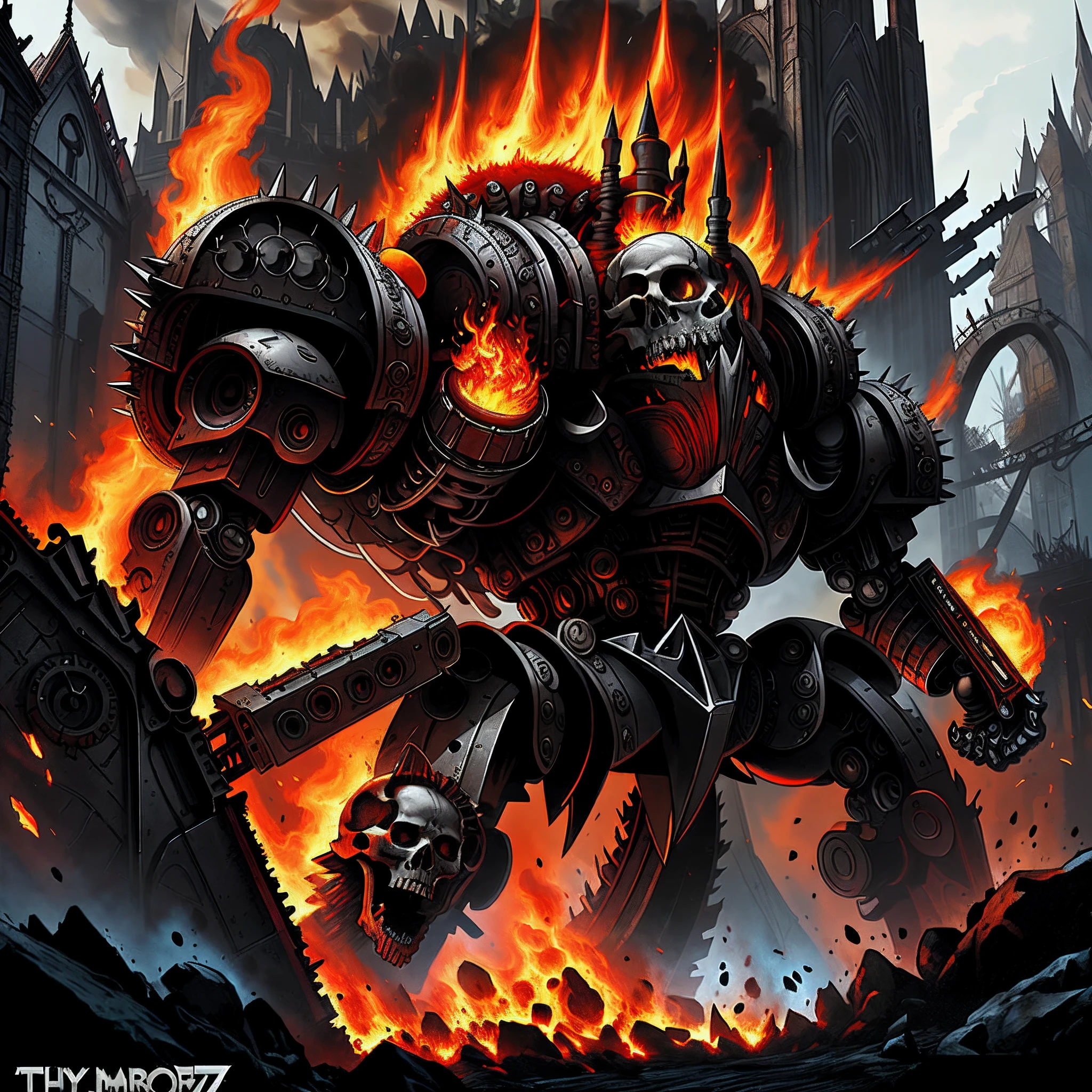 A skull with a gun and a skull was surrounded by flames, Heavy metal T-shirt design, heavy metal art style, skull design for a rock band, style of hydro74, terminator art, heavy metal artwork, Spiked gears of war skulls, Giant robot skull, author：dan munford, Detailed cover artwork, Death machines