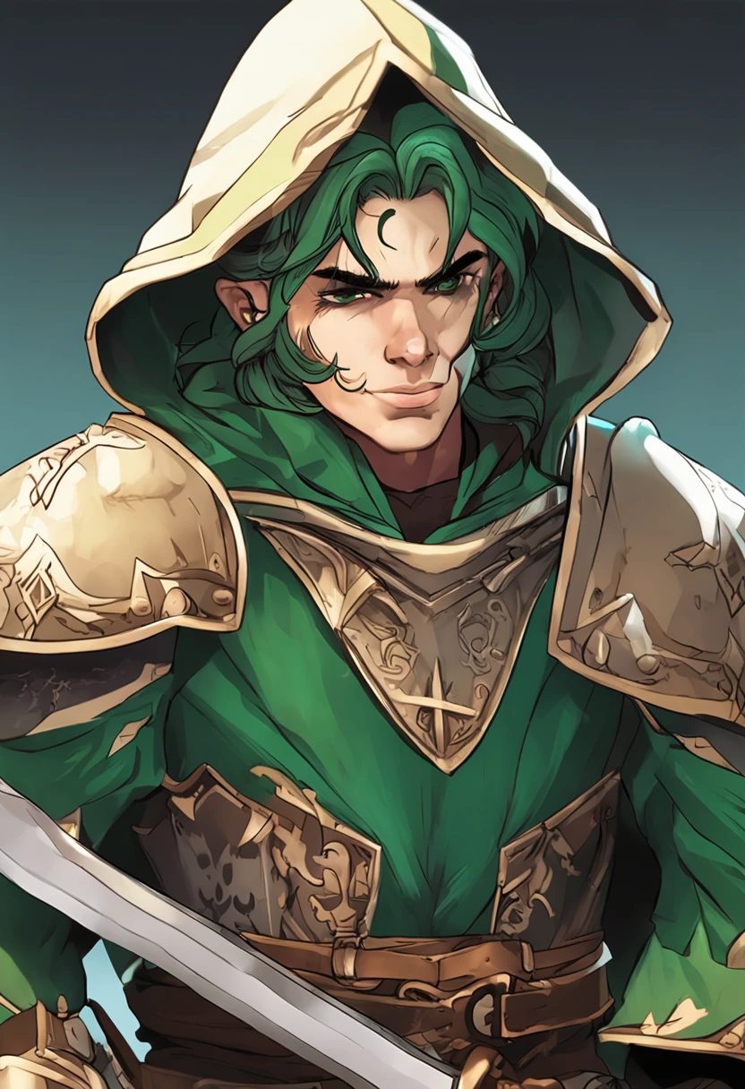 menino de cabelo degrade na cor verde escuro e de olhos esmeralda segurando uma espada medieval usando uma armadura