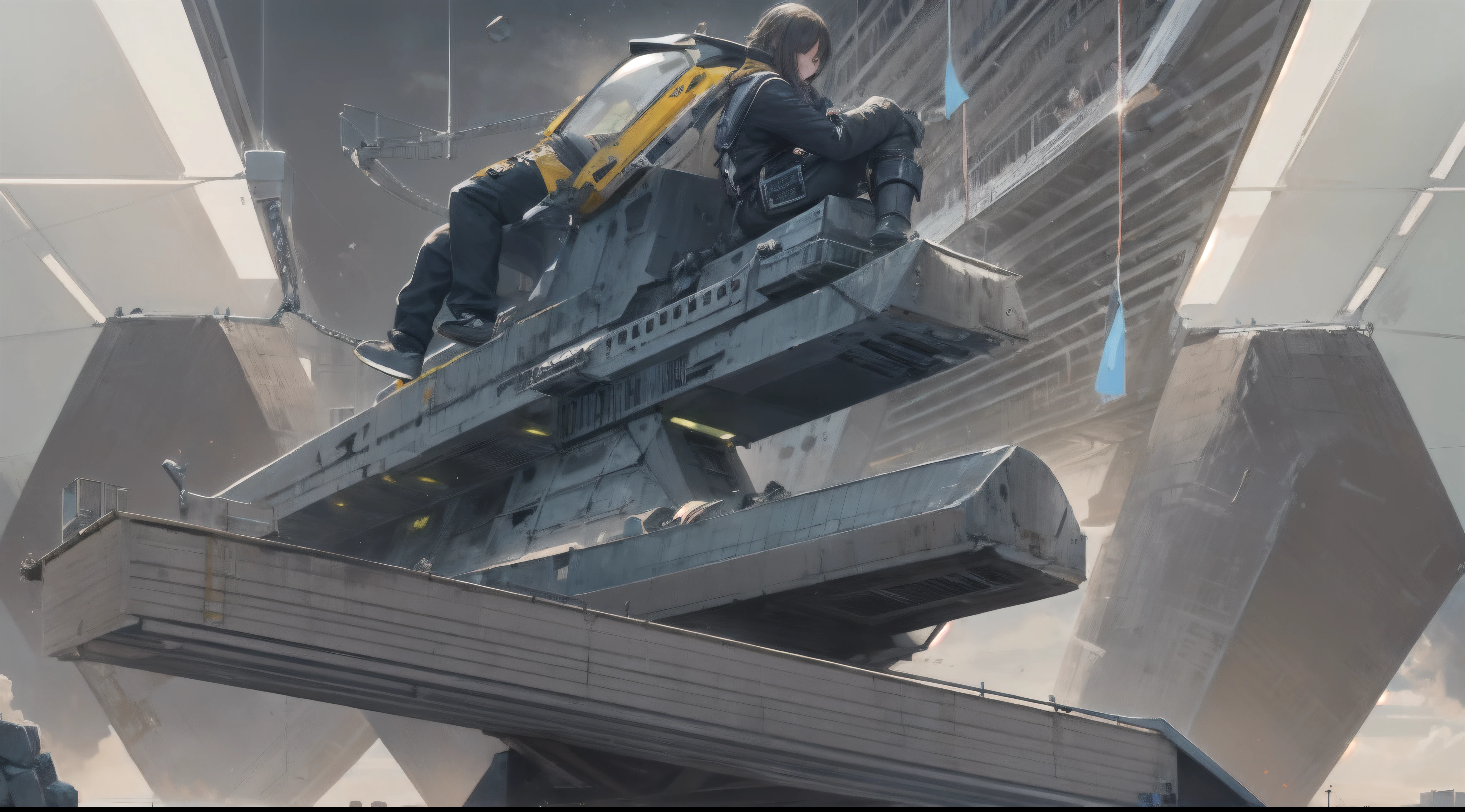 Sleepy designer riding on huge steel object look like hammer, midnight, asteroid