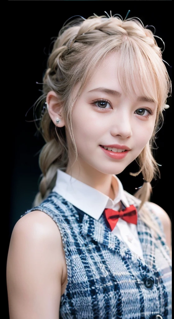 (ultra-detailliert), Tartan check jacket,high-school uniform、Blue eyes,The upper part of the body、a closeup、faces、(A smile:1.5),(facing front:1.2), 20yr old, teens girl,no tail,(no tail),2D, ​masterpiece, top-quality, animesque, A detailed eye, A detailed face, girl with, Only 1 person,Silver medium hair, (Silvery head hair),  Ear Hair, small tits, Single braid, (Single braid), (Side braid), Pink ribbon, Ribbon around the neck, Background bokeh