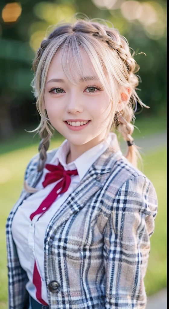 (ultra-detailliert), Tartan check jacket,high-school uniform、Blue eyes,The upper part of the body、a closeup、faces、(A smile:1.5),(facing front:1.2), 20yr old, s girl,no tail,(no tail),2D, masterpiece, top-quality, animesque, A detailed eye, A detailed face, girl with, Only 1 person,Silver medium hair, (Silvery head hair), Ear Hair, small tits, Single braid, (Single braid), (Side braid), Pink ribbon, Ribbon around the neck, Background bokeh