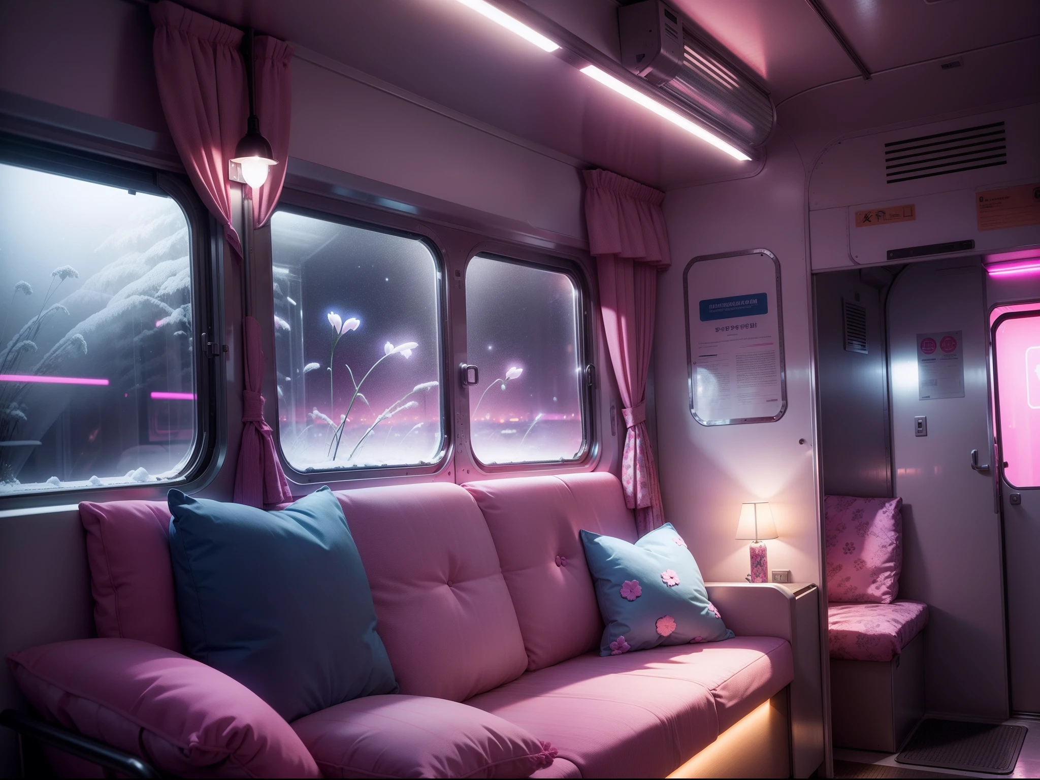 inside the train at the night, a little bunny on the sofa, pink and blue light neon lamp, night view, simetric image, add snowdrop flower. night road at the outside window view.