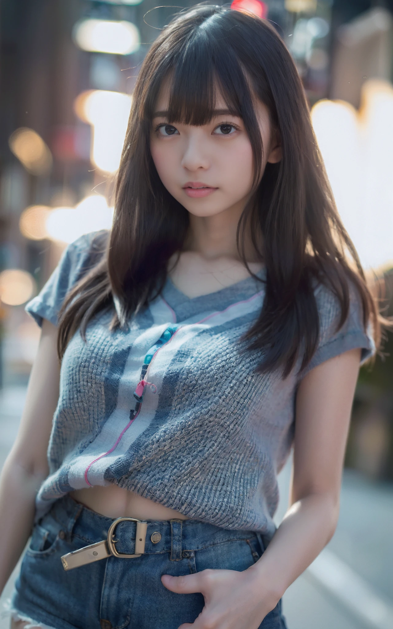 NSFW、女の子1人、on tokyo street、A city scape、Downtown at night、neons、The signboard is dazzling、The upper part of the body、a closeup、a smile、、(in 8K、Raw photography、top-quality、masterpiece:1.2)、(realisitic、photoRealstic:1.37)、Highly detailed eyelash drawing、(((Top image quality))),Colossal tits、slender。Fine skin, (Beautiful hair), (Perfect Anatomy), (Realistic),Sensual look、top-quality、hight resolution、(((full bodyesbian)))、Denim Tight Shorts、Short T-shirt with stomach visible、(high-heels)